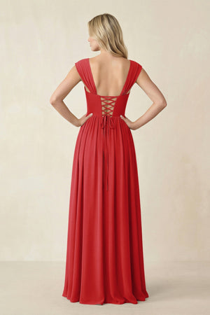 Cap Sleeve Corset A - Line Chiffon Bridesmaid Dress in Ruby Red - SHE IS ME Bridesmaid Dresses