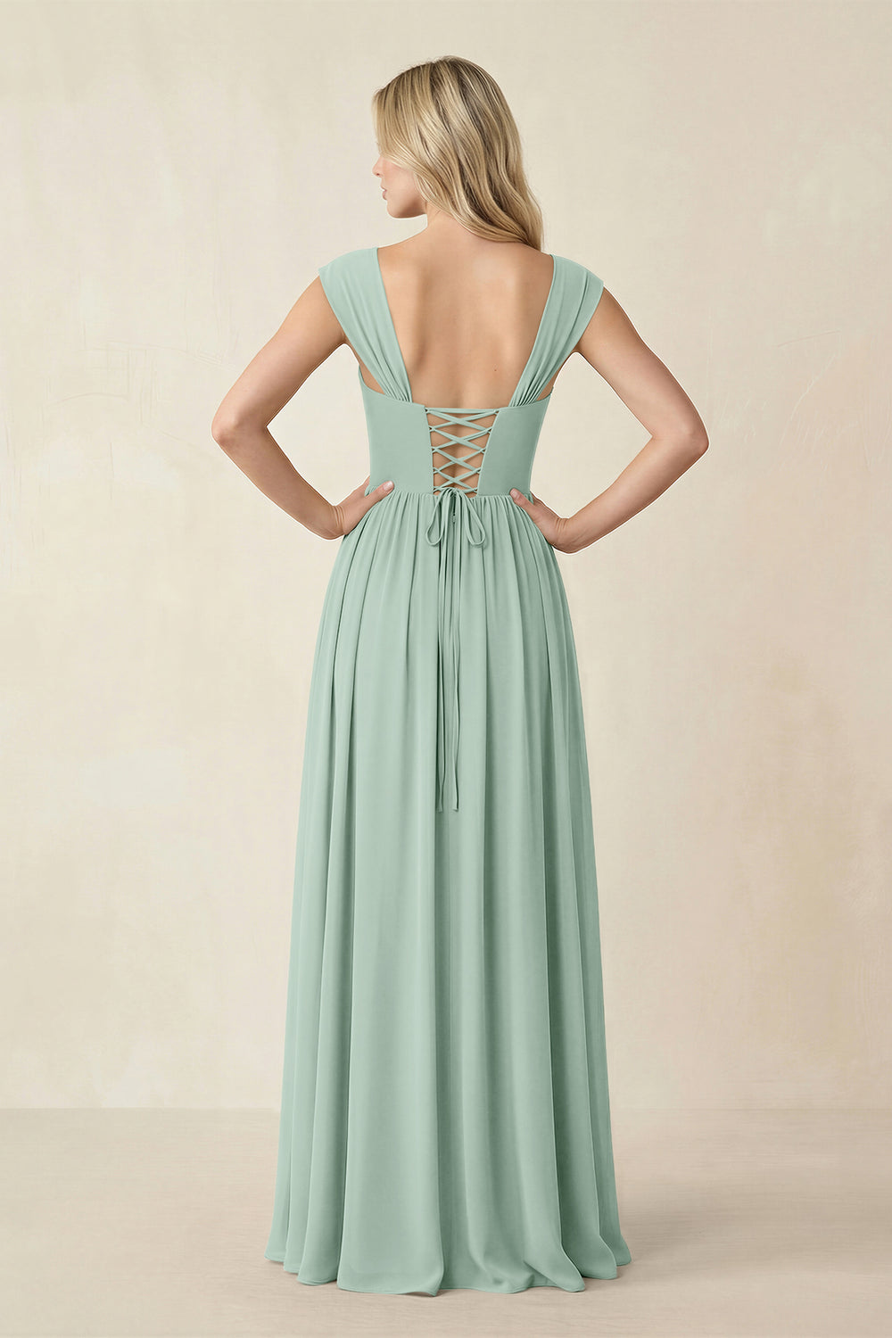 Cap Sleeve Corset A-Line Chiffon Bridesmaid Dress in Sage