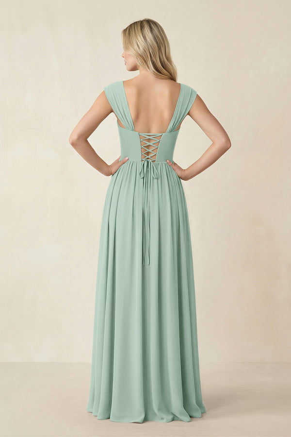 Cap Sleeve Corset A-Line Chiffon Bridesmaid Dress in Sage (2) | KISSBRIDAL