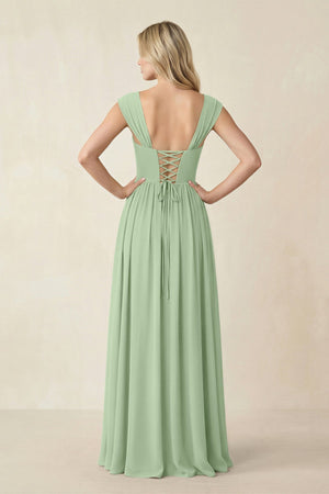 Cap Sleeve Corset A - Line Chiffon Bridesmaid Dress in Sage - SHE IS ME Bridesmaid Dresses