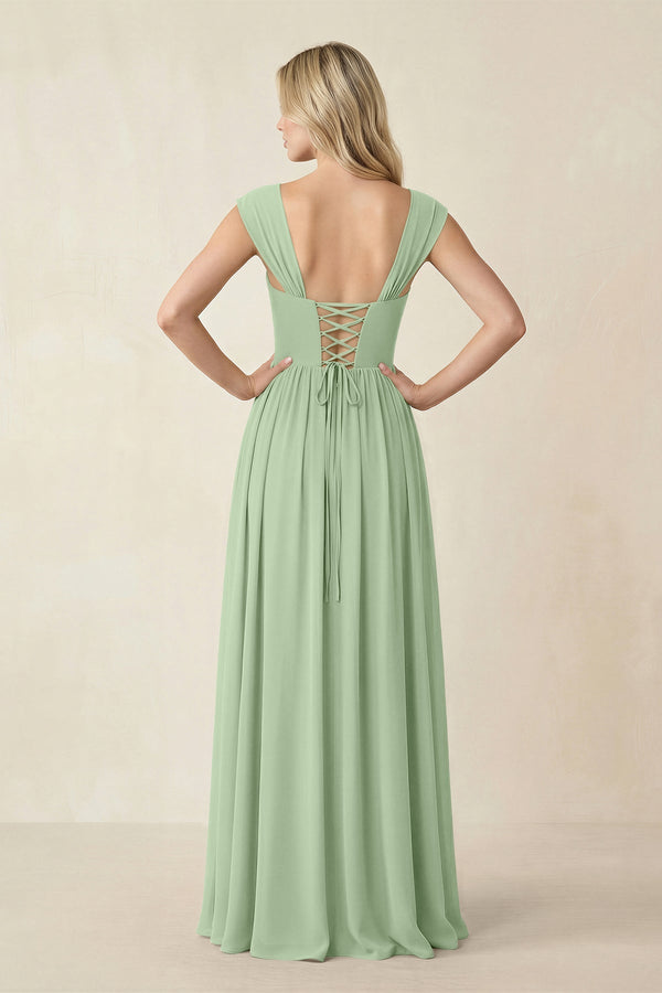 Cap Sleeve Corset A - Line Chiffon Bridesmaid Dress in Sage - SHE IS ME Bridesmaid Dresses