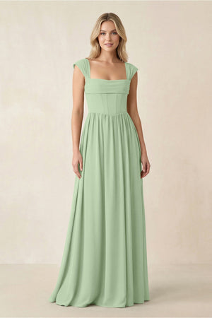 Cap Sleeve Corset A - Line Chiffon Bridesmaid Dress in Sage - SHE IS ME Bridesmaid Dresses