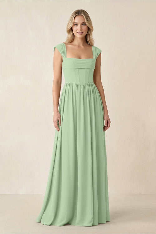 Cap Sleeve Corset A - Line Chiffon Bridesmaid Dress in Sage - SHE IS ME Bridesmaid Dresses