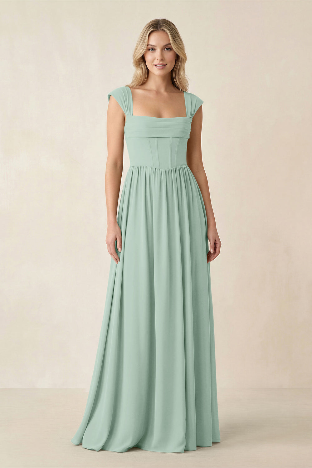 Cap Sleeve Corset A-Line Chiffon Bridesmaid Dress in Sage
