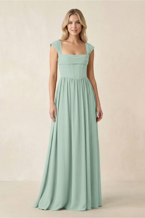 Cap Sleeve Corset A-Line Chiffon Bridesmaid Dress in Sage | KISSBRIDAL