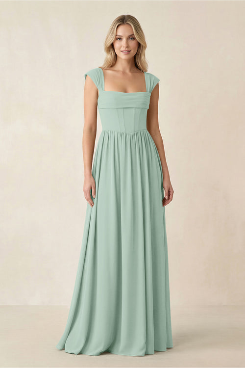 Cap Sleeve Corset A-Line Chiffon Bridesmaid Dress in Sage | KISSBRIDAL