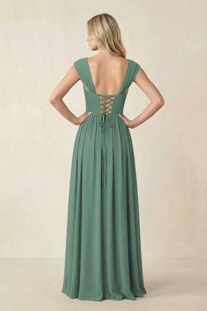 Cap Sleeve Corset A-Line Chiffon Bridesmaid Dress in Sea Glass (2) | KISSBRIDAL