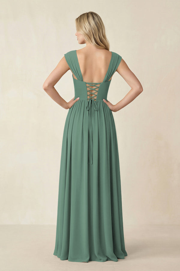 Cap Sleeve Corset A-Line Chiffon Bridesmaid Dress in Sea Glass (2) | KISSBRIDAL