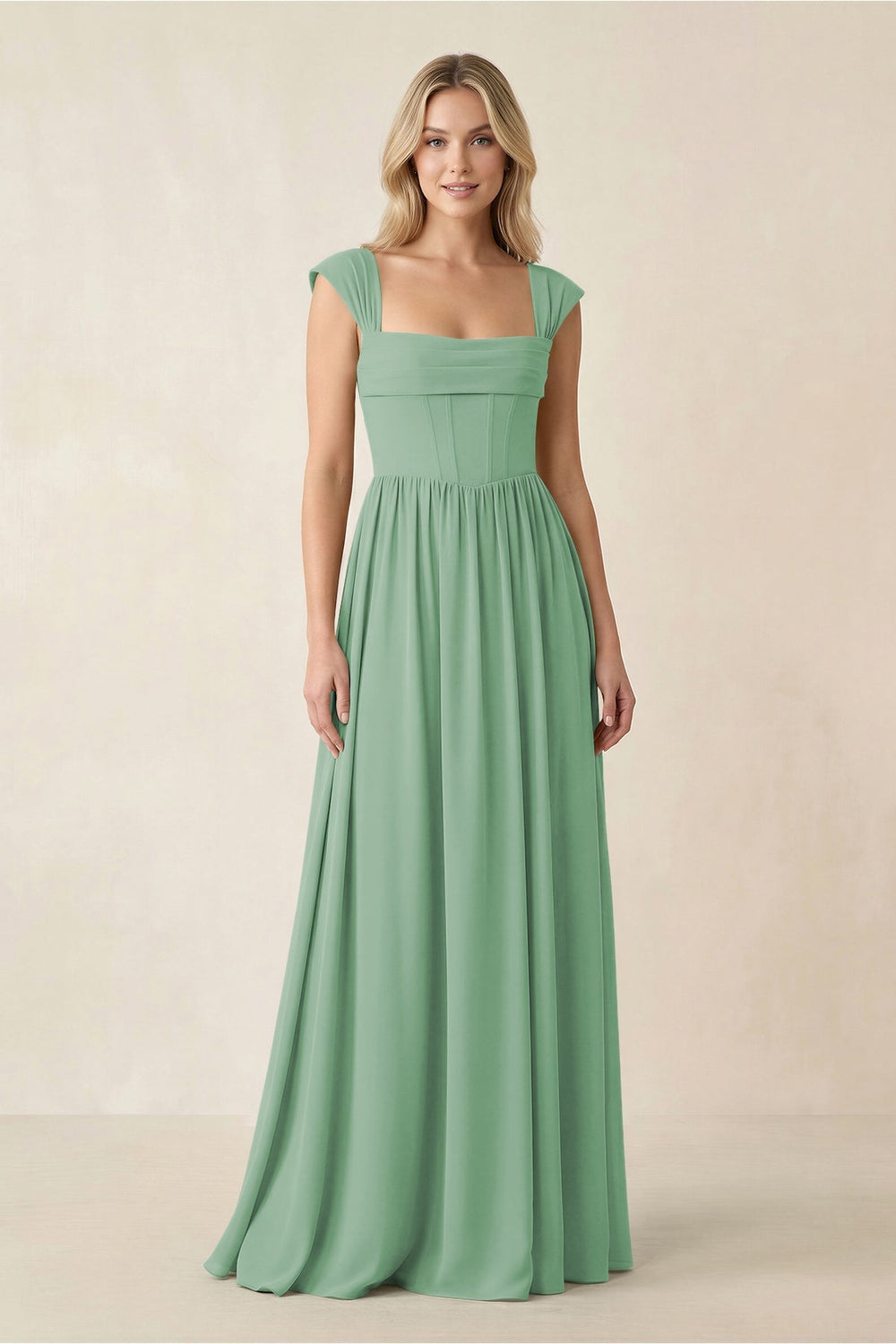 Cap Sleeve Corset A - Line Chiffon Bridesmaid Dress in Sea Glass - KISS BRIDAL Bridesmaid Dresses