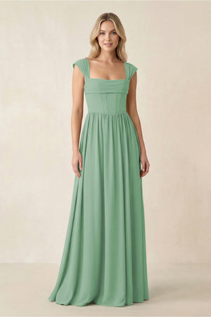 Cap Sleeve Corset A - Line Chiffon Bridesmaid Dress in Sea Glass - SHE IS ME Bridesmaid Dresses