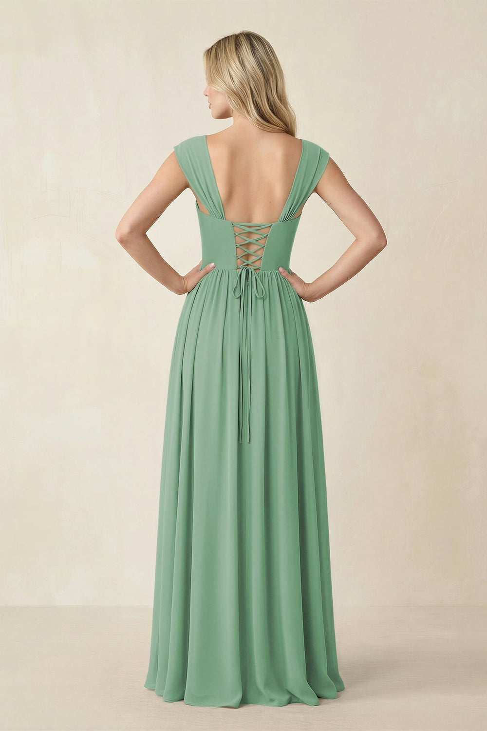 Cap Sleeve Corset A - Line Chiffon Bridesmaid Dress in Sea Glass - KISS BRIDAL Bridesmaid Dresses