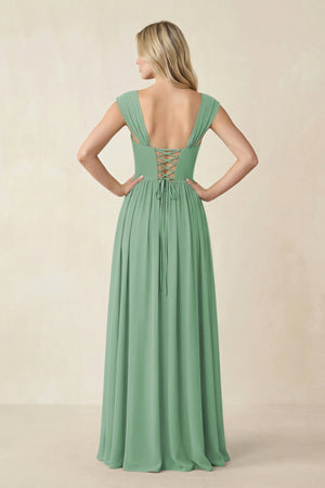 Cap Sleeve Corset A - Line Chiffon Bridesmaid Dress in Sea Glass - SHE IS ME Bridesmaid Dresses