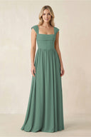 Cap Sleeve Corset A-Line Chiffon Bridesmaid Dress in Sea Glass | KISSBRIDAL