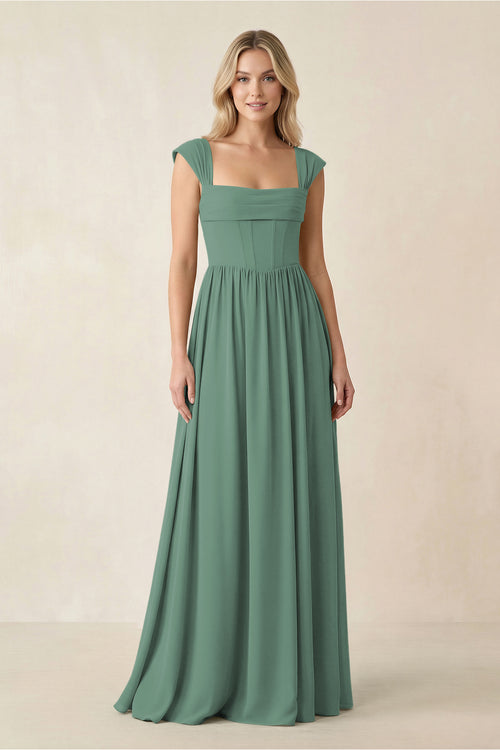 Cap Sleeve Corset A-Line Chiffon Bridesmaid Dress in Sea Glass | KISSBRIDAL