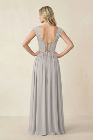Cap Sleeve Corset A - Line Chiffon Bridesmaid Dress in Silver - SHE IS ME Bridesmaid Dresses