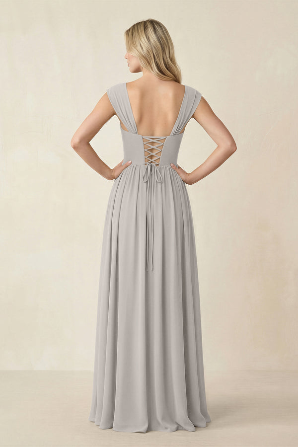 Cap Sleeve Corset A - Line Chiffon Bridesmaid Dress in Silver - SHE IS ME Bridesmaid Dresses
