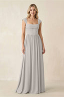 Cap Sleeve Corset A - Line Chiffon Bridesmaid Dress in Silver - SHE IS ME Bridesmaid Dresses