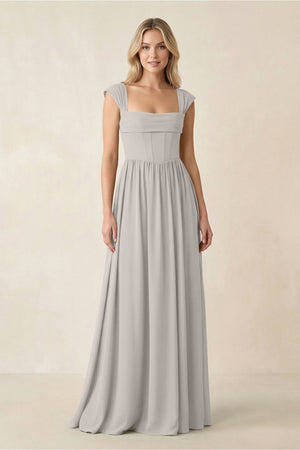 Cap Sleeve Corset A - Line Chiffon Bridesmaid Dress in Silver - SHE IS ME Bridesmaid Dresses