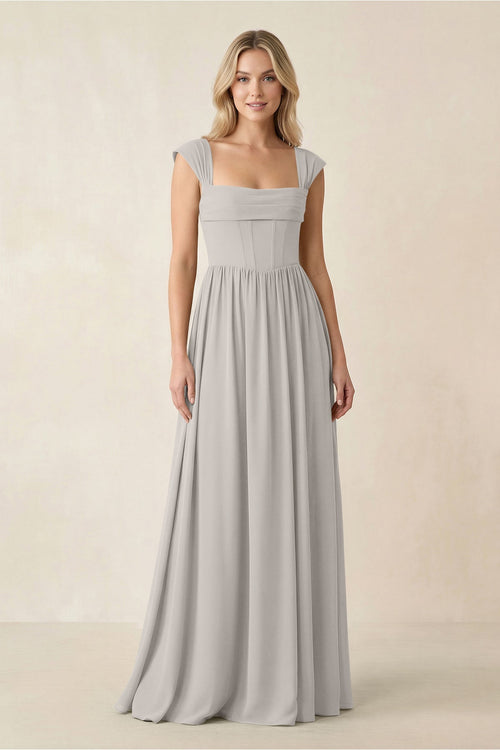 Cap Sleeve Corset A - Line Chiffon Bridesmaid Dress in Silver - SHE IS ME Bridesmaid Dresses