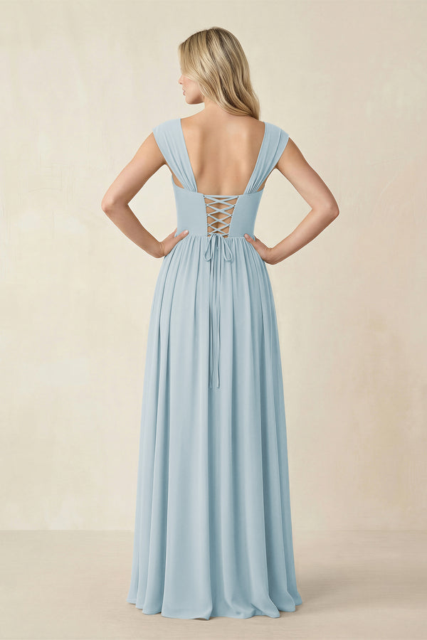 Cap Sleeve Corset A-Line Chiffon Bridesmaid Dress in Sky Blue (2) | KISSBRIDAL