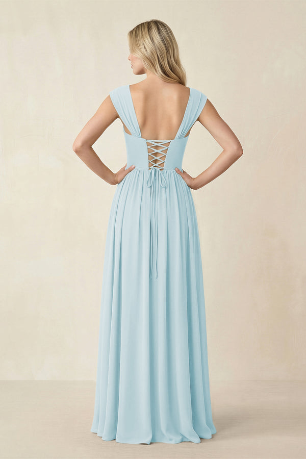 Cap Sleeve Corset A - Line Chiffon Bridesmaid Dress in Sky Blue - SHE IS ME Bridesmaid Dresses