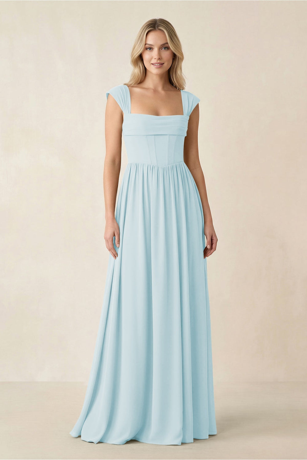Cap Sleeve Corset A - Line Chiffon Bridesmaid Dress in Sky Blue - KISS BRIDAL Bridesmaid Dresses