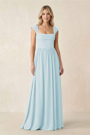 Cap Sleeve Corset A - Line Chiffon Bridesmaid Dress in Sky Blue - SHE IS ME Bridesmaid Dresses