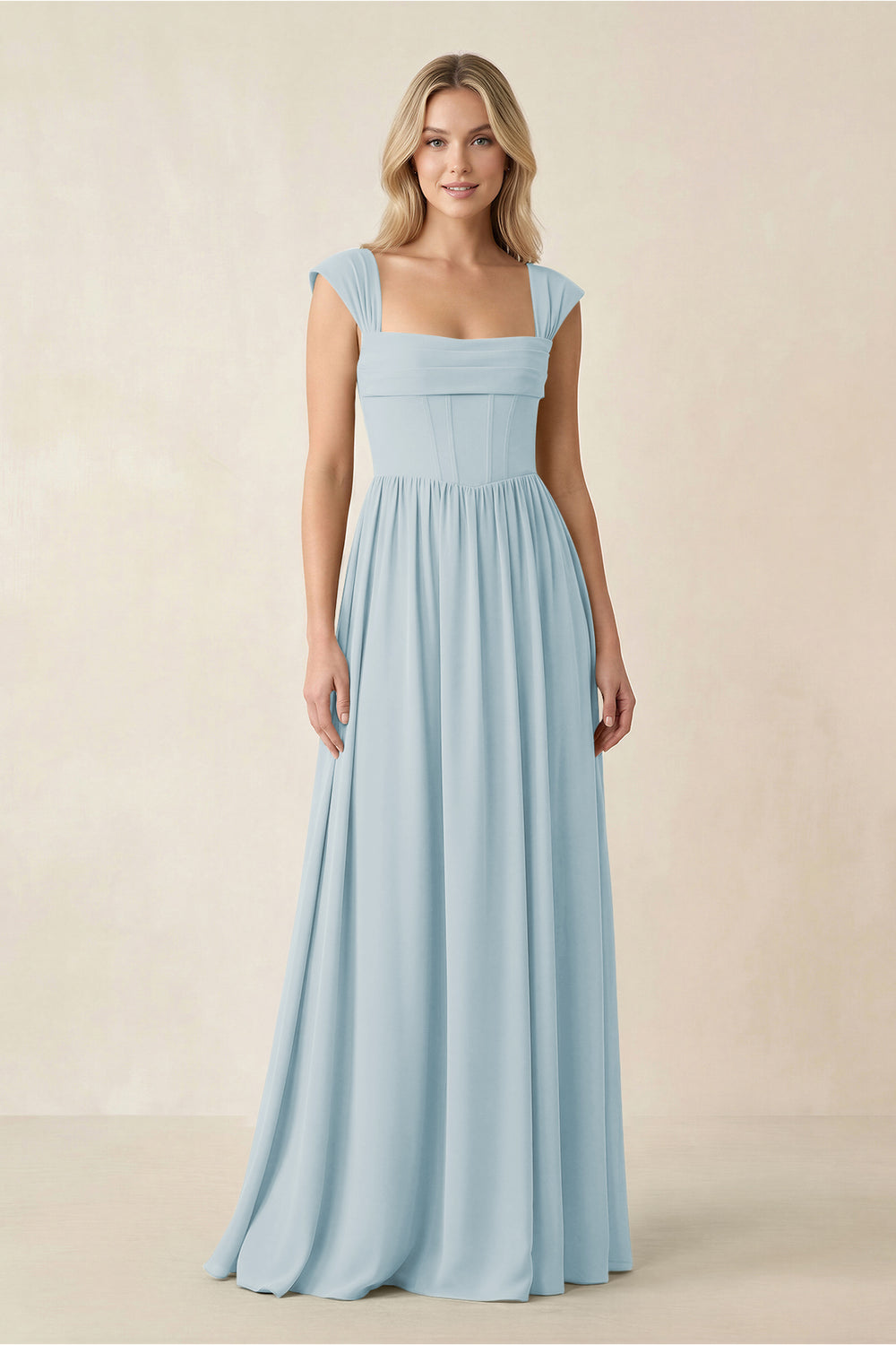Cap Sleeve Corset A-Line Chiffon Bridesmaid Dress in Sky Blue