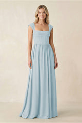 Cap Sleeve Corset A-Line Chiffon Bridesmaid Dress in Sky Blue | KISSBRIDAL