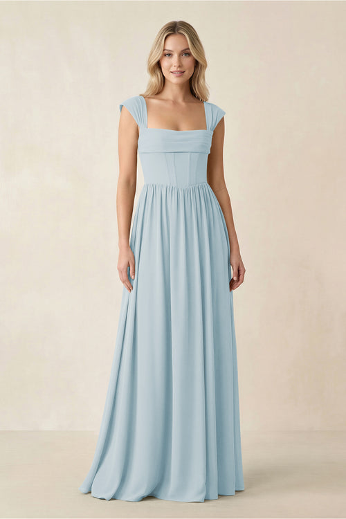 Cap Sleeve Corset A-Line Chiffon Bridesmaid Dress in Sky Blue | KISSBRIDAL