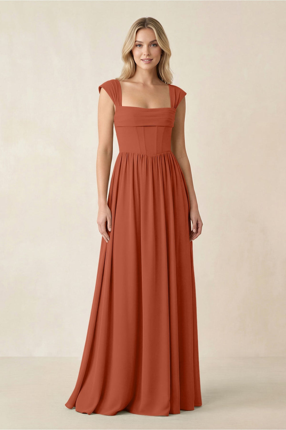 Cap Sleeve Corset A - Line Chiffon Bridesmaid Dress in Spice - KISS BRIDAL Bridesmaid Dresses