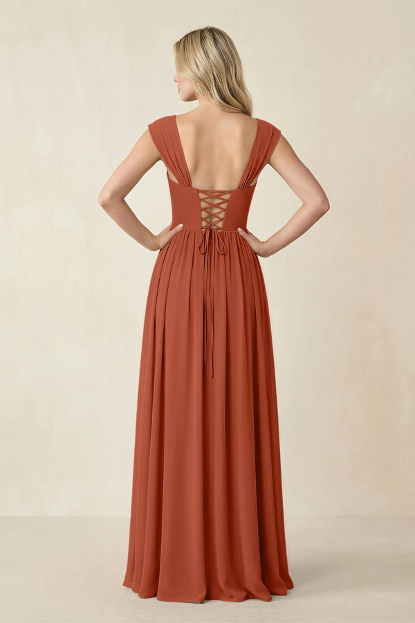 Cap Sleeve Corset A - Line Chiffon Bridesmaid Dress in Spice - SHE IS ME Bridesmaid Dresses