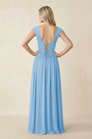 Cap Sleeve Corset A - Line Chiffon Bridesmaid Dress in Steel Blue - SHE IS ME Bridesmaid Dresses