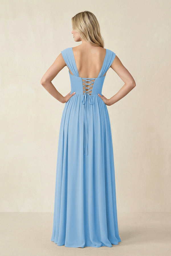 Cap Sleeve Corset A - Line Chiffon Bridesmaid Dress in Steel Blue - SHE IS ME Bridesmaid Dresses