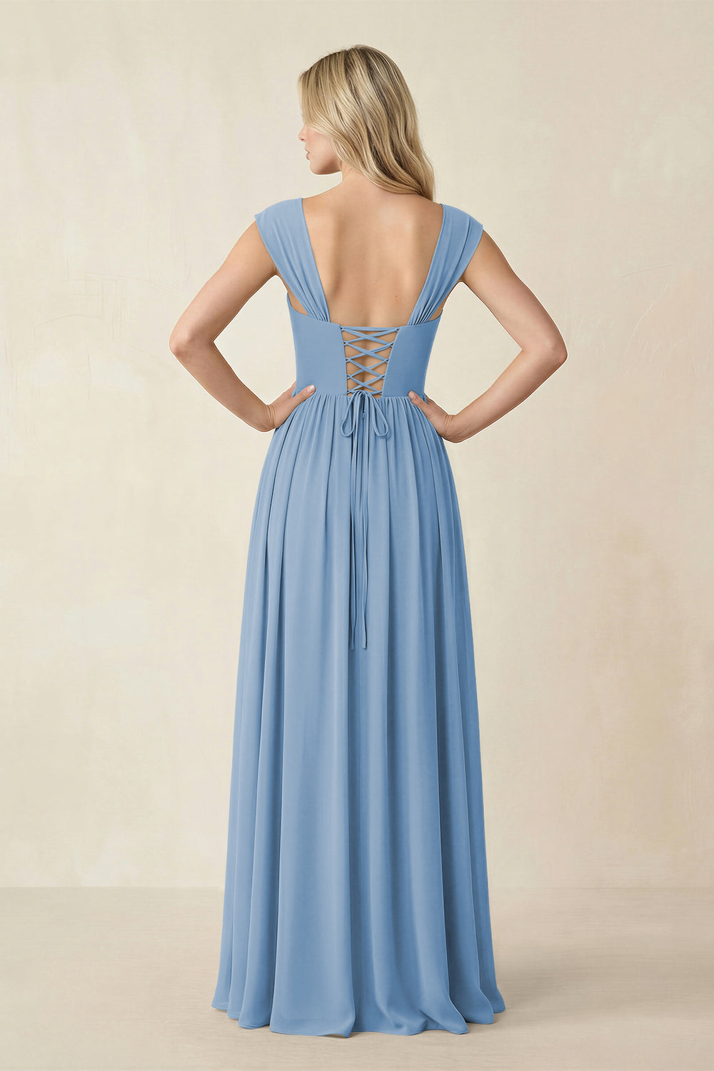 Cap Sleeve Corset A-Line Chiffon Bridesmaid Dress in Steel Blue