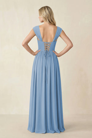 Cap Sleeve Corset A-Line Chiffon Bridesmaid Dress in Steel Blue (2) | KISSBRIDAL