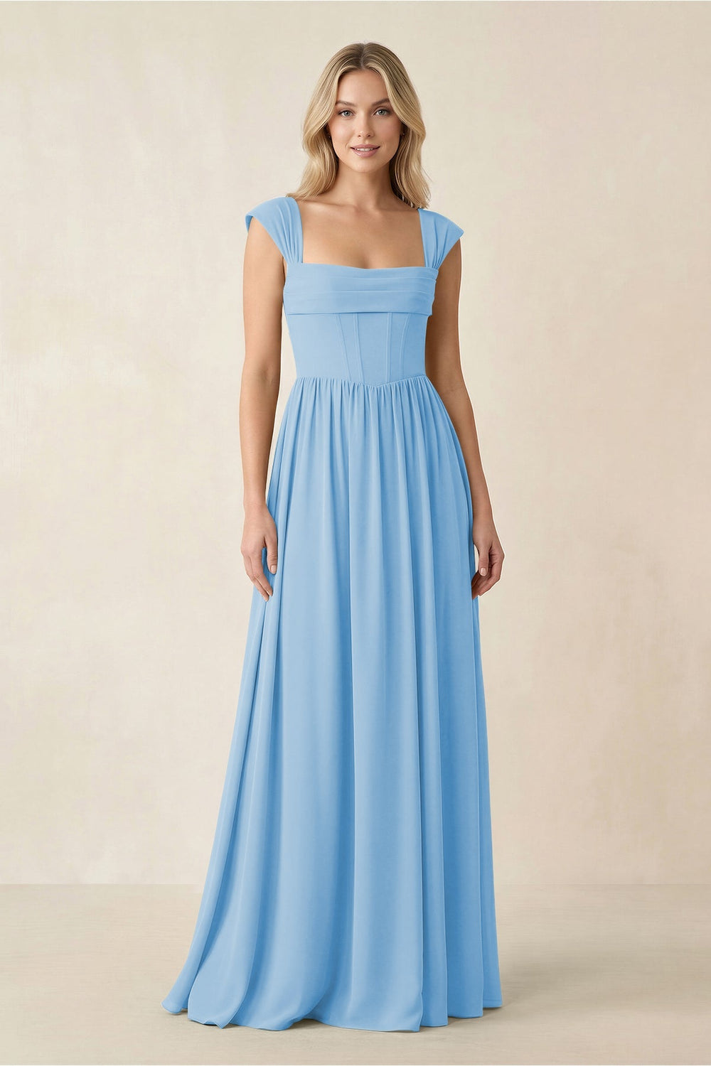 Cap Sleeve Corset A - Line Chiffon Bridesmaid Dress in Steel Blue - KISS BRIDAL Bridesmaid Dresses