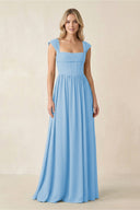 Cap Sleeve Corset A - Line Chiffon Bridesmaid Dress in Steel Blue - SHE IS ME Bridesmaid Dresses