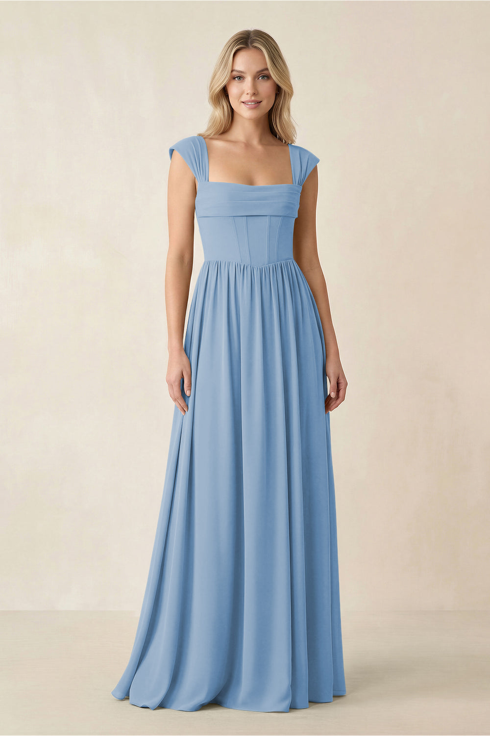 Cap Sleeve Corset A-Line Chiffon Bridesmaid Dress in Steel Blue