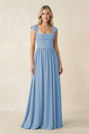 Cap Sleeve Corset A-Line Chiffon Bridesmaid Dress in Steel Blue | KISSBRIDAL