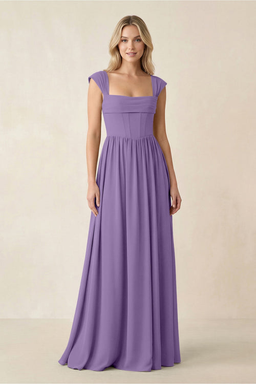 Cap Sleeve Corset A - Line Chiffon Bridesmaid Dress in Tahiti - SHE IS ME Bridesmaid Dresses