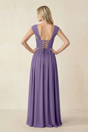 Cap Sleeve Corset A-Line Chiffon Bridesmaid Dress in Tahiti (2) | KISSBRIDAL