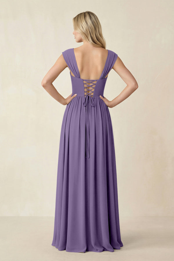 Cap Sleeve Corset A-Line Chiffon Bridesmaid Dress in Tahiti (2) | KISSBRIDAL