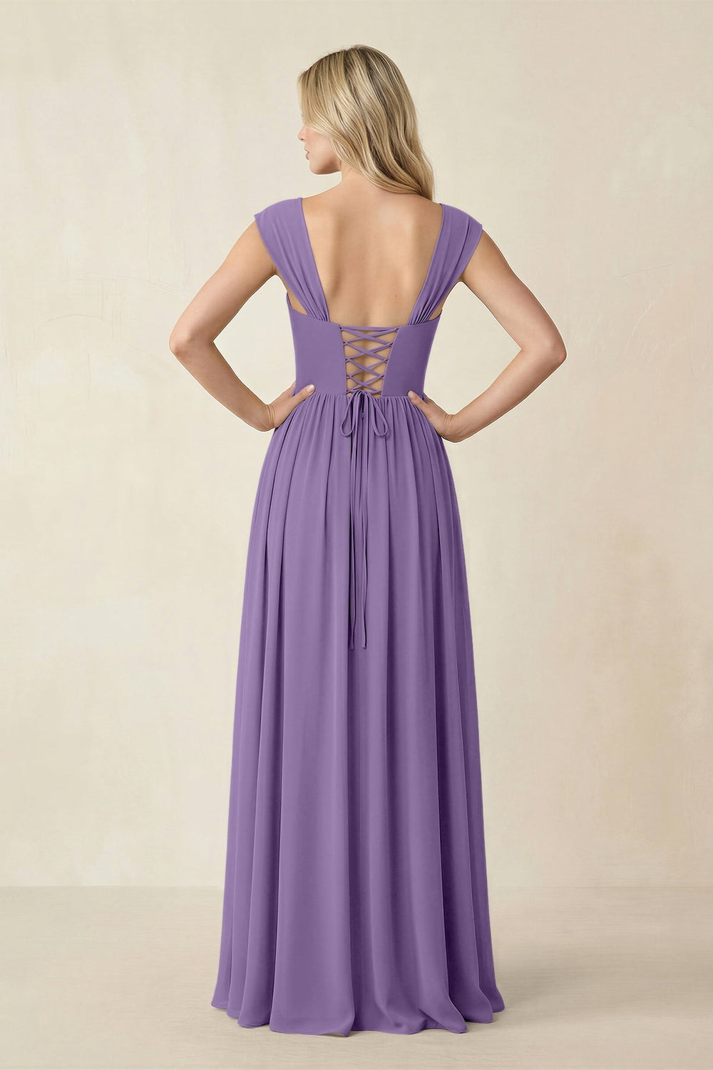 Cap Sleeve Corset A - Line Chiffon Bridesmaid Dress in Tahiti - KISS BRIDAL Bridesmaid Dresses