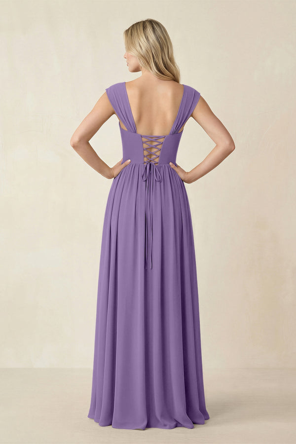 Cap Sleeve Corset A - Line Chiffon Bridesmaid Dress in Tahiti - SHE IS ME Bridesmaid Dresses