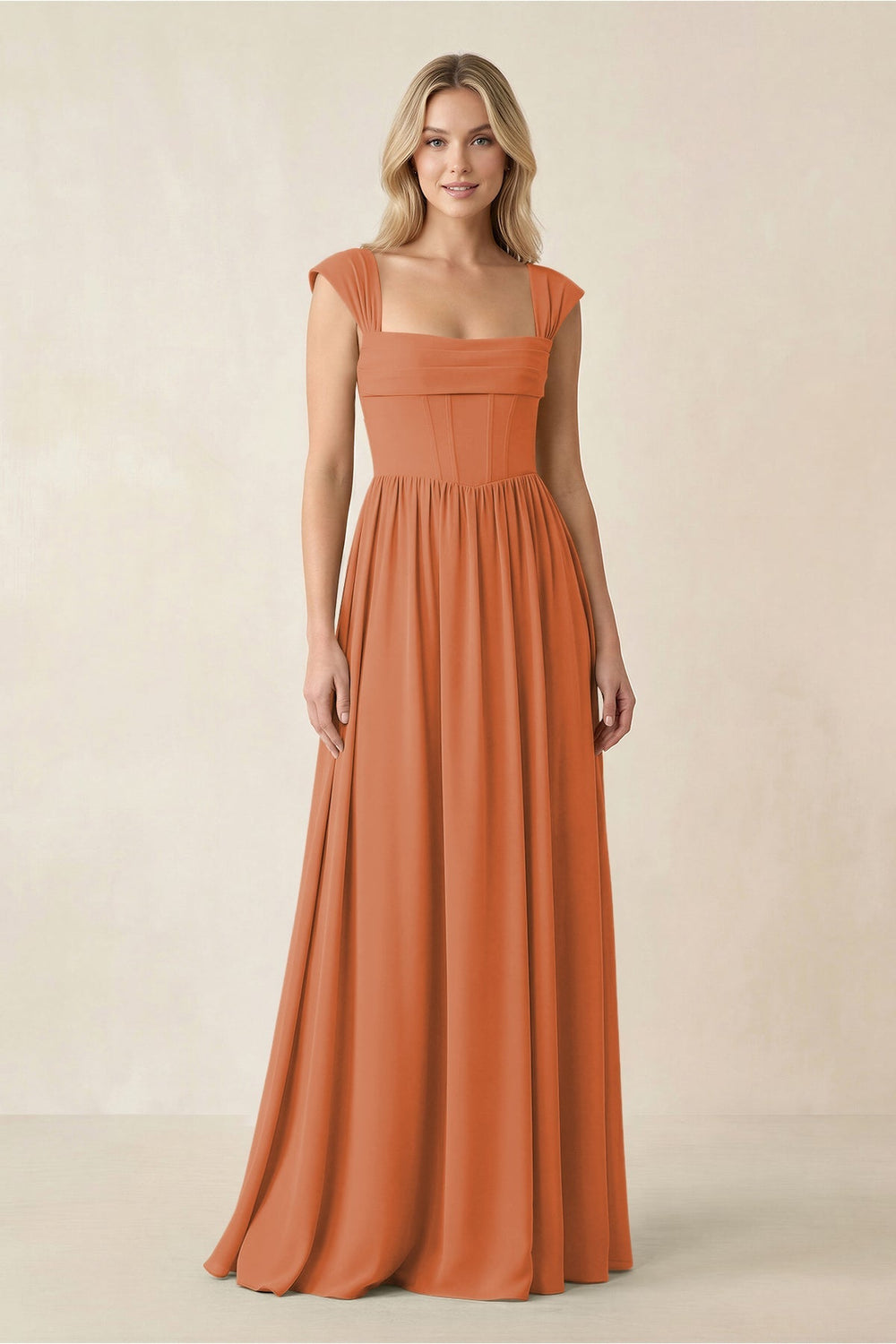 Cap Sleeve Corset A - Line Chiffon Bridesmaid Dress in Terracotta - KISS BRIDAL Bridesmaid Dresses