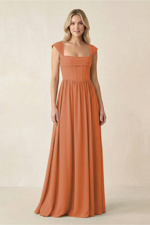 Cap Sleeve Corset A - Line Chiffon Bridesmaid Dress in Terracotta - SHE IS ME Bridesmaid Dresses