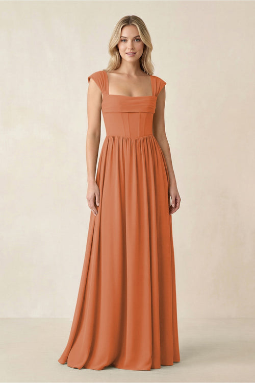 Cap Sleeve Corset A - Line Chiffon Bridesmaid Dress in Terracotta - SHE IS ME Bridesmaid Dresses