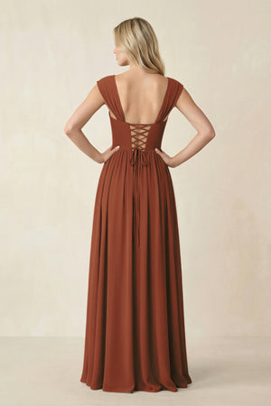 Cap Sleeve Corset A-Line Chiffon Bridesmaid Dress in Terracotta (2) | KISSBRIDAL