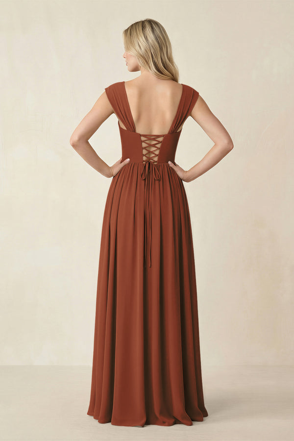 Cap Sleeve Corset A-Line Chiffon Bridesmaid Dress in Terracotta (2) | KISSBRIDAL